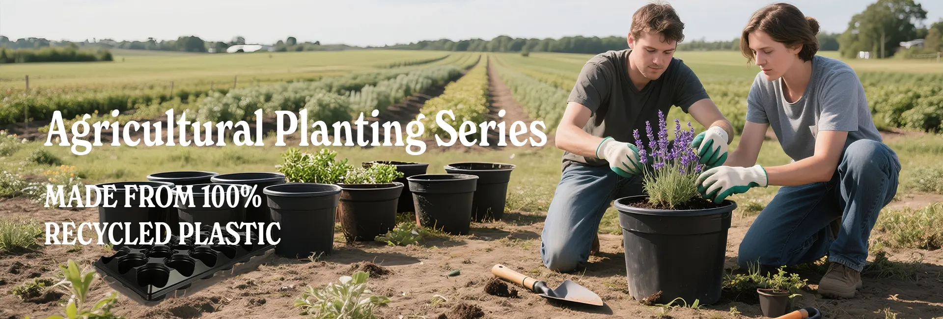Eco-friendly agricultural planting pots made from 100% recycled plastic for sustainable farming by Ronbo Sunrise.