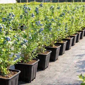 Field rows of 10 liter square blueberry pots with weed barrier fabric between the rows