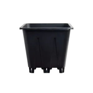 Black 10 liter square blueberry pot, empty planter with raised drainage feet on white background