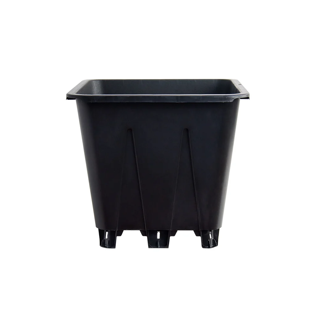Black 10 liter square blueberry pot, empty planter with raised drainage feet on white background