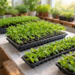 Herb seedlings growing in 128h 128-cell high-depth PS plug tray