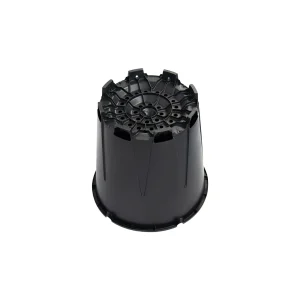 Inverted 25L round blueberry pot showing radial drainage base channels and raised support feet