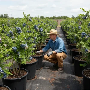 Farmer in straw hat inspecting rows of 25L round blueberry pots at a commercial berry farm