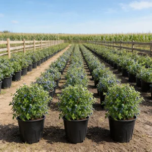 Commercial blueberry farm with rows of 25L round pots on open soil between wooden fence lines