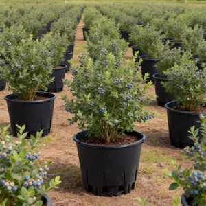 Commercial blueberry farm with dense rows of elevated 25L round pots for high-density planting