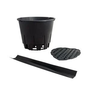 25L elevated round blueberry pot combo kit on white background: pot, perforated bottom grid insert, and drainage gutter channel (RB-ACST05C) for runoff collection
