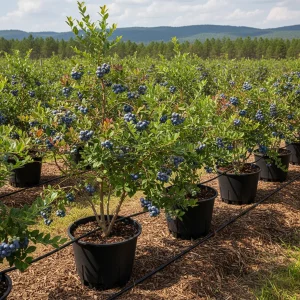 Mountain orchard of elevated round blueberry pots with drip irrigation lines and wood mulch