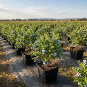 Commercial blueberry field with rows of 25 liter square pots connected by drip irrigation lines