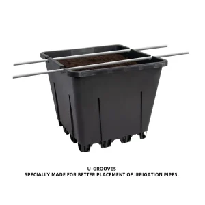 Tube slots on 25 liter square pot rim hold drip irrigation pipes securely in place