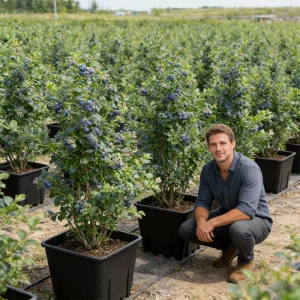 Commercial blueberry farm using rows of 25L square pots with drip irrigation