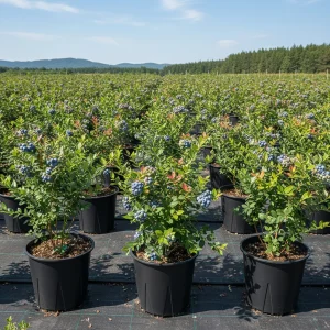 Commercial blueberry planting with black 30L round pots on weed mat near forested hills
