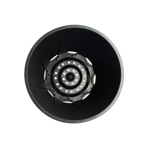 Top view of concentric drainage holes inside a black 30L round blueberry pot