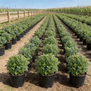 Rows of black round blueberry pots in a field beside a wooden fence and cornfield