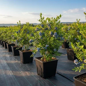 Commercial blueberry farm using rows of 30L square black pots on weed mat under blue sky
