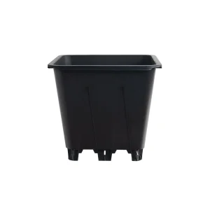 Black 5L square blueberry nursery pot, empty planter with drainage feet on white background