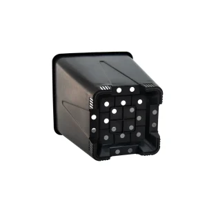 Inverted 7 liter square nursery pot revealing raised feet and lattice drainage base