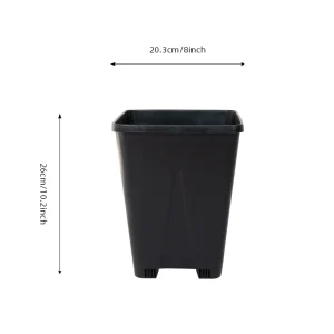 7 liter square nursery pot size diagram, 20.3 cm top and 26 cm total height marked