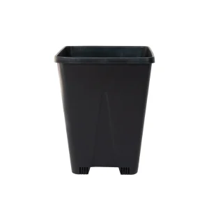 Black 7 liter square nursery pot for berry seedlings, empty planter on clean white background