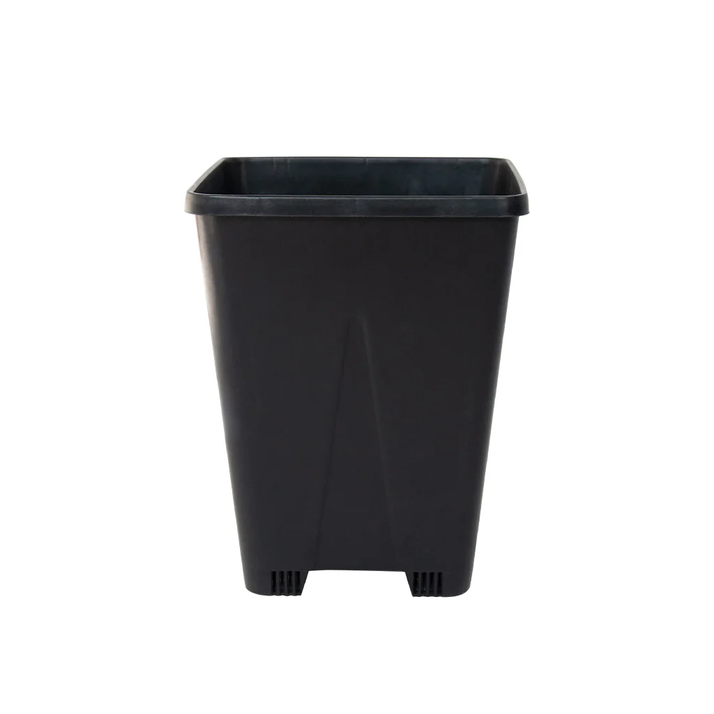 Black 7 liter square nursery pot for berry seedlings, empty planter on clean white background